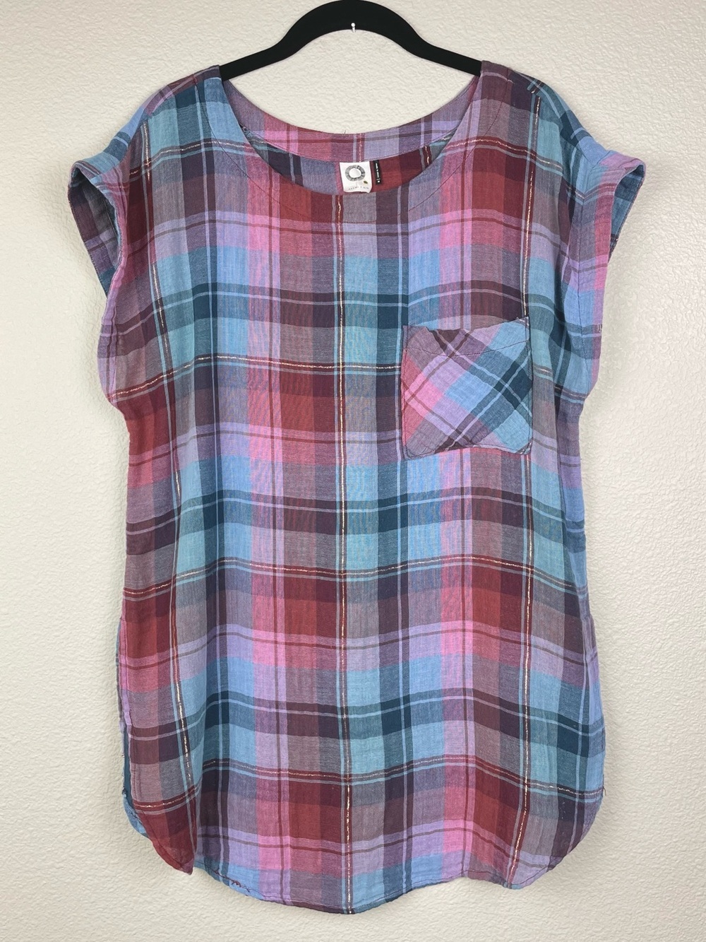 Anthropologie Akemi + Kim Women's Medium Blue Pink Plaid Short Sleeve Tunic Top